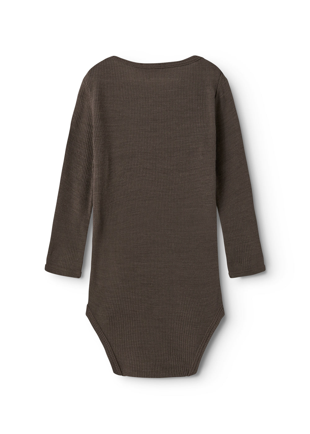 Uld rib bodystocking i mørk brun, langærmet med rund hals og heldragtpasform
