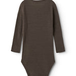 Uld rib bodystocking i mørk brun, langærmet med rund hals og heldragtpasform