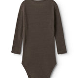 Uld rib bodystocking i mørk brun, langærmet med rund hals og heldragtpasform