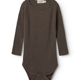 Uld rib bodystocking i mørk brun, langærmet med rund hals og heldragtlukning