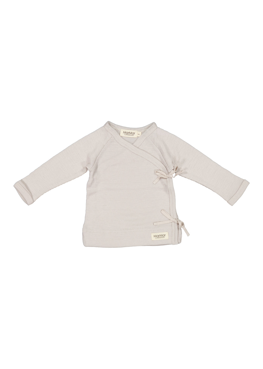Uld rib slå-om bluse med lange ærmer og bindesnor, lys beige