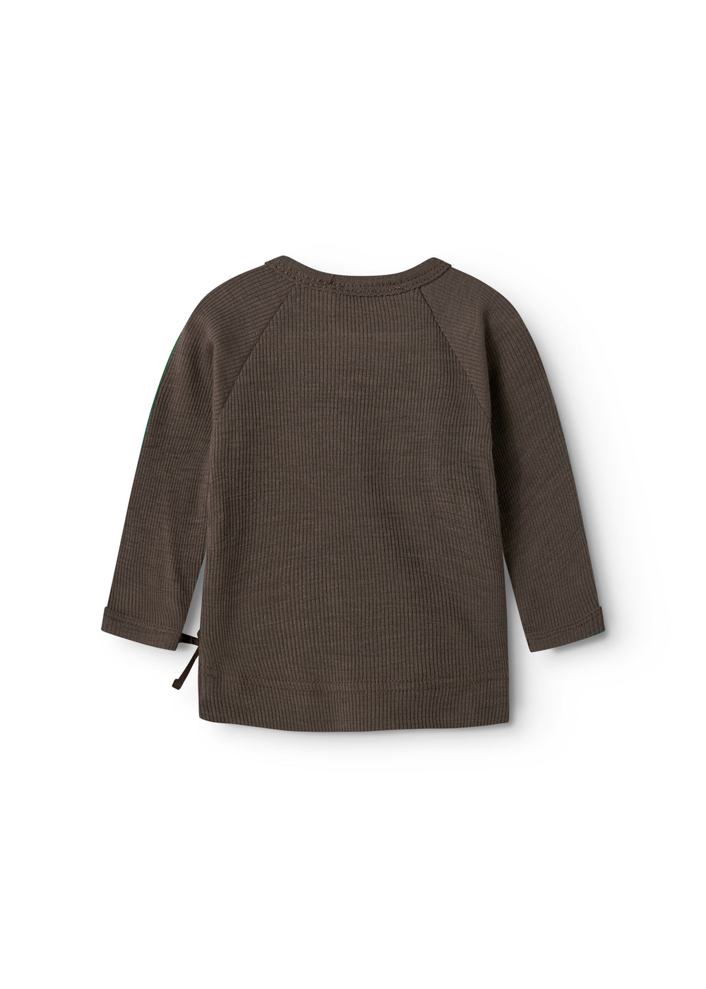 Uld rib-omslagsbluse med lange ærmer og rund hals, mørk brun