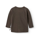 Uld rib-omslagsbluse med lange ærmer og rund hals, mørk brun