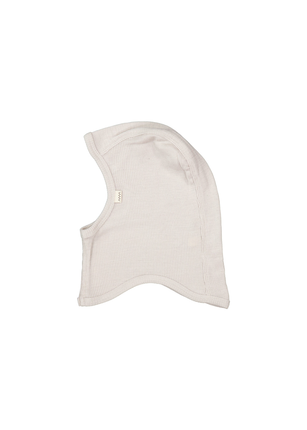 Beige uld rib-balaclava med åbning til ansigt og lille logo på siden
