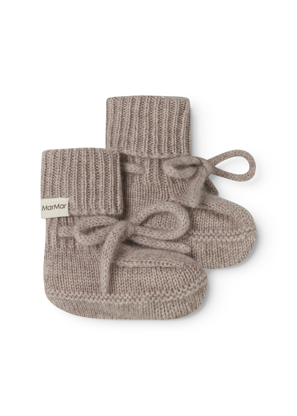 Strikkede babysokker i grå-beige melange med ribkant og sløjfedetalje