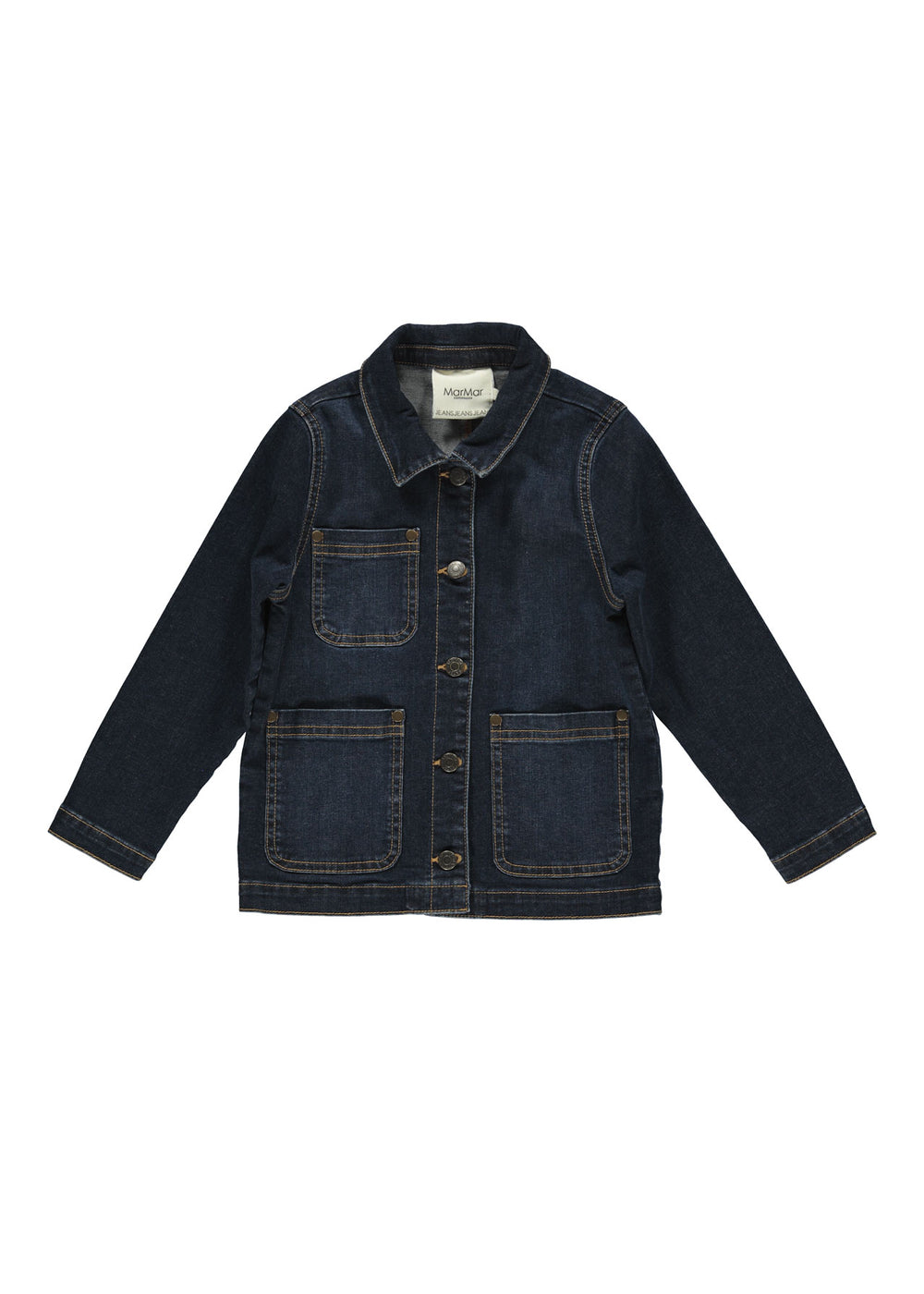 Mørk indigo denimjakke med knaplukning og to brystlommer foran