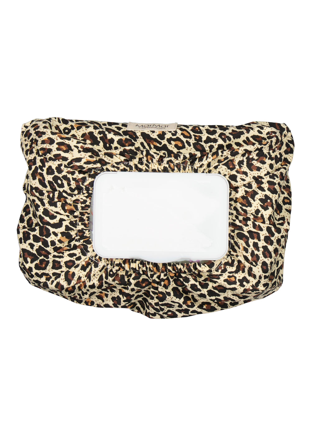 Vådservietomslag i brun og beige leopardprint med hvid rektangulær front