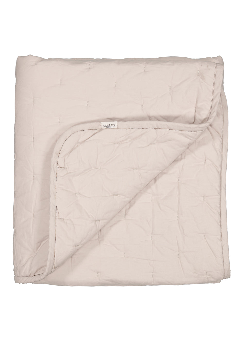 Babyquilt-tæppe sandgrå foldet, med mærkat og quiltede felter