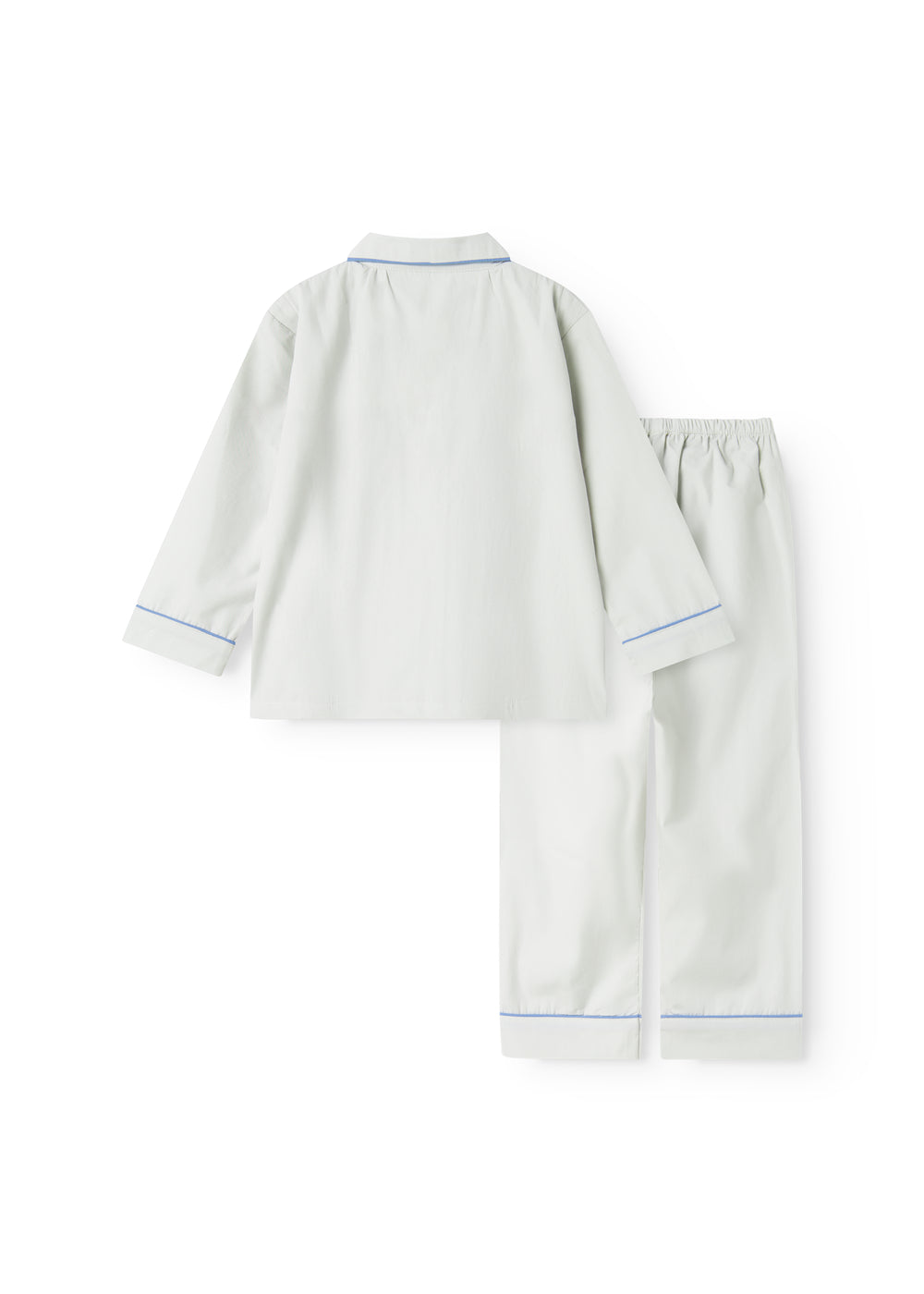 Pajamasæt med langærmet skjorte og bukser i lys farve, blå kant ved manchetter