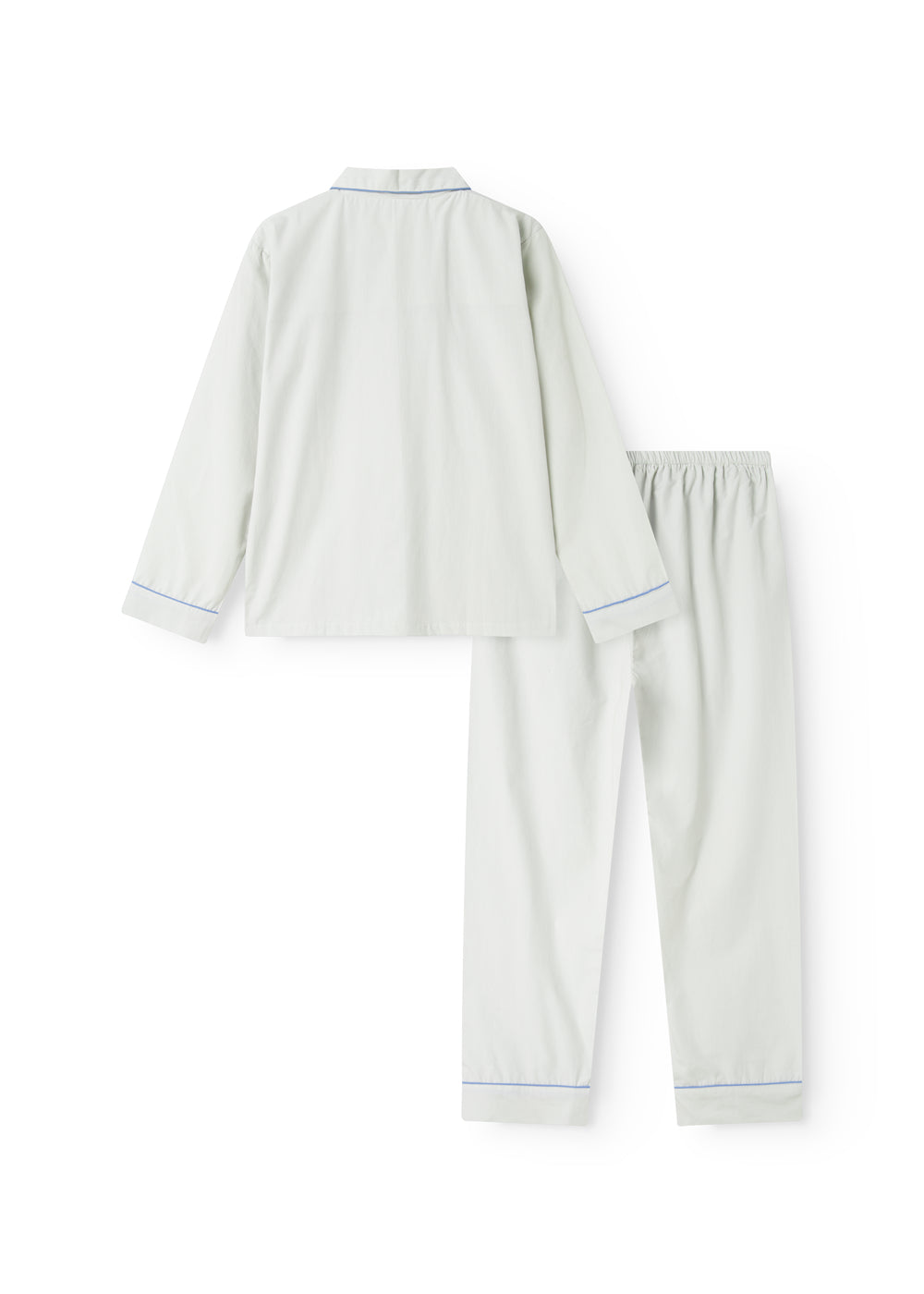 Pyjamasæt i lysegråt med blå kant ved hals og manchet, set bagfra