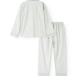 Pyjamasæt i lysegråt med blå kant ved hals og manchet, set bagfra