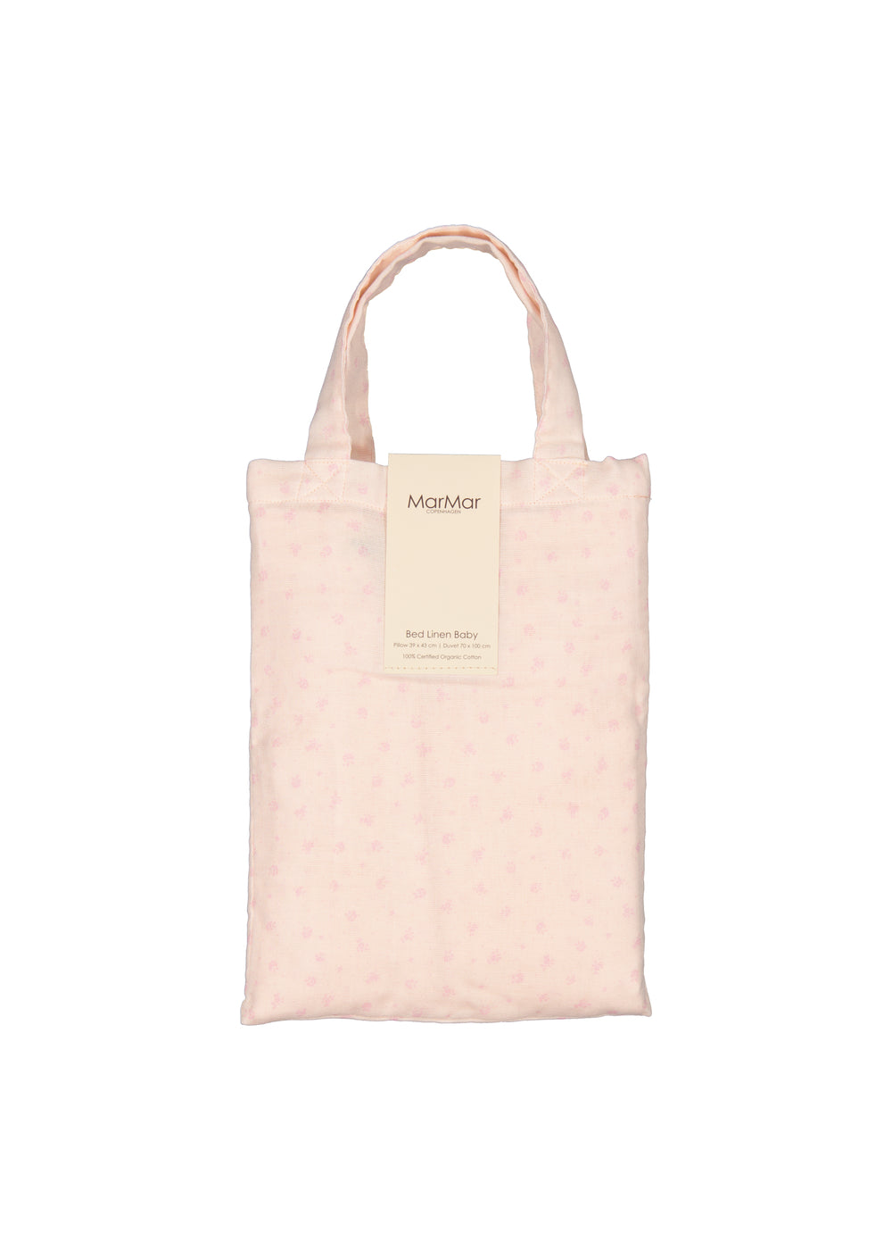 Junior sengetøjstaske i sart rosa med MarMar-logo og hank