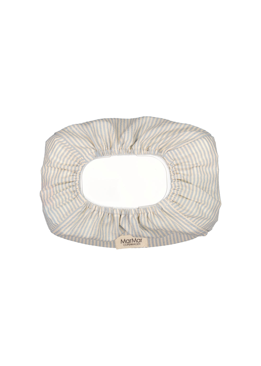 Dæksel til vådservietter i stribet stof, lyseblå og beige, med elastisk åbning