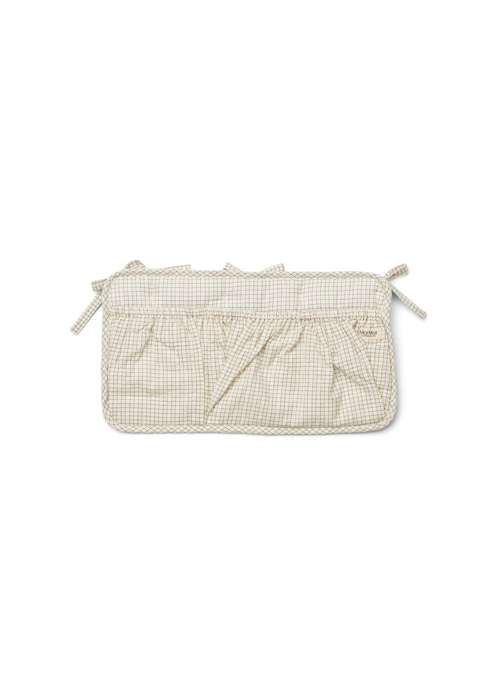 Sengelomme med ternet mønster og rynket top, beige/hvid, snørebånd i hjørnerne