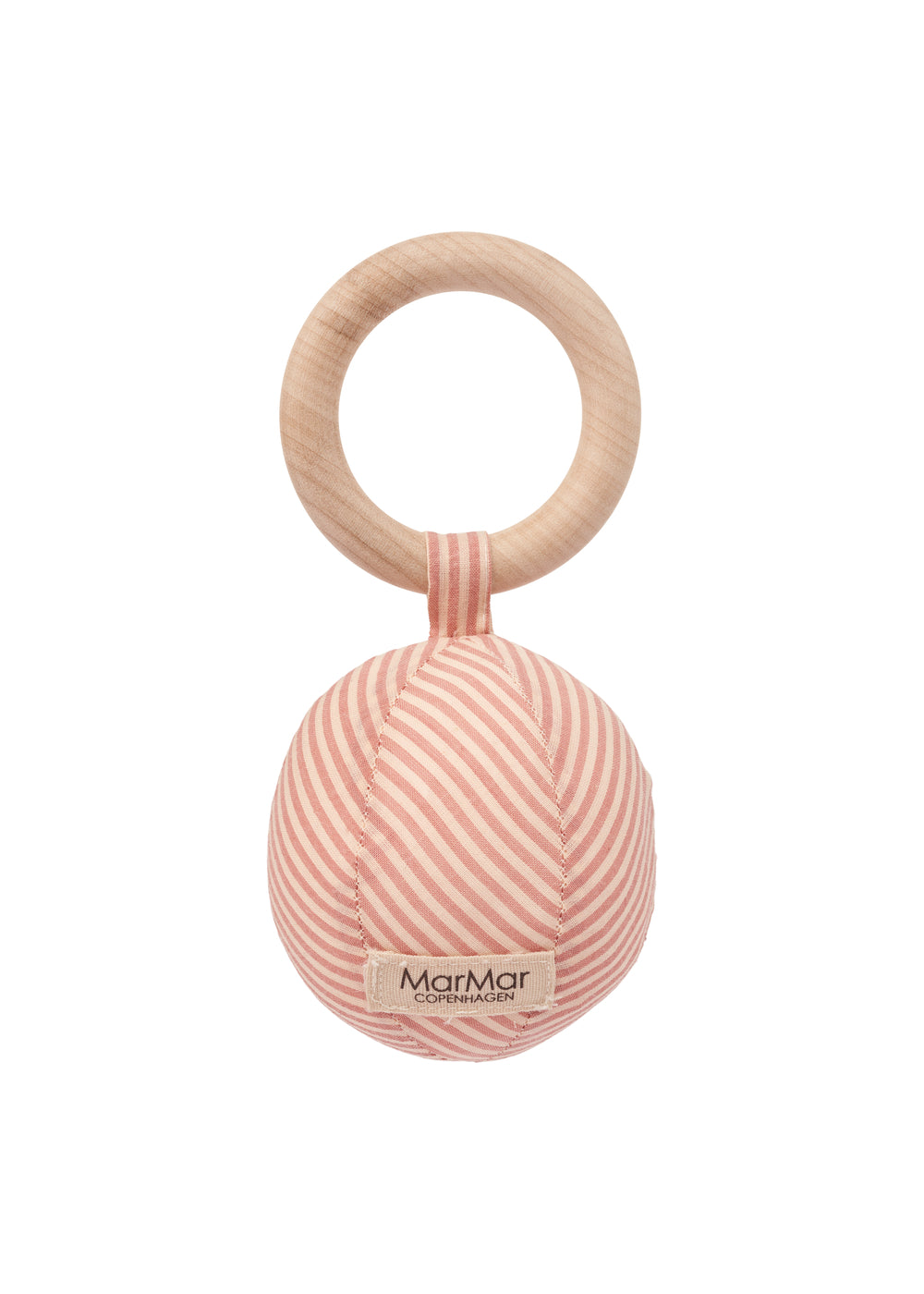 Baby-rangle med stofbold og træ-ring; lyserøde striber, MarMar-logo