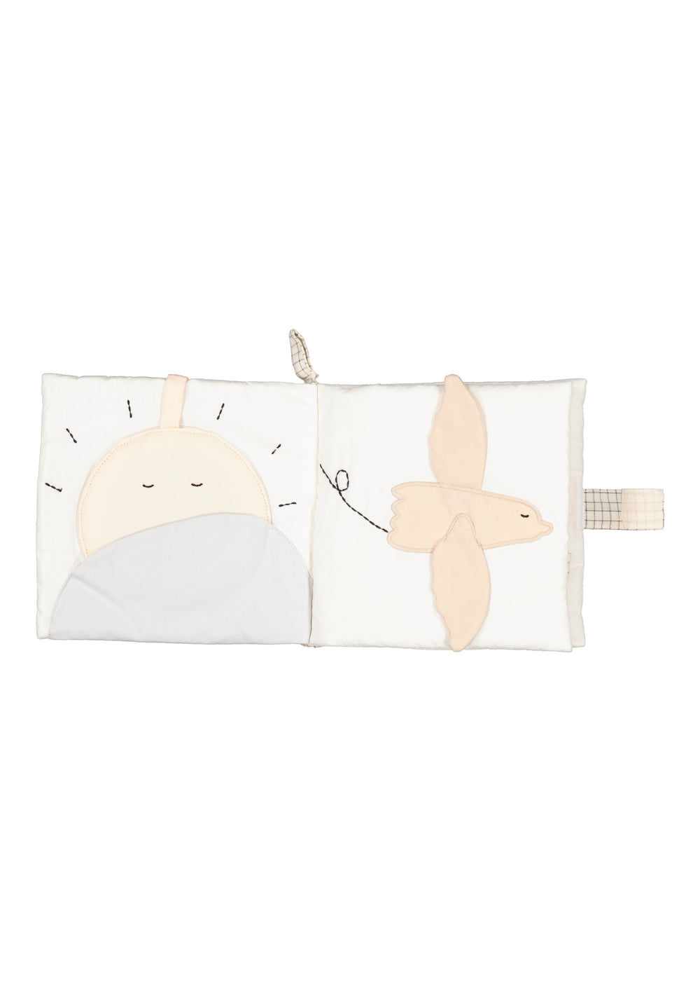 Stofaktivitetsbog med dyremotiv og foldbare lommer i beige og hvid