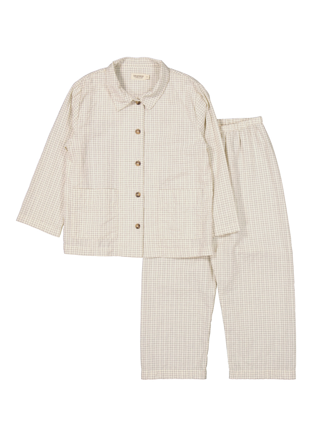 Børnepyjamasæt i ternet beige: skjorte med knapper og matchende bukser