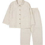 Børnepyjamasæt i ternet beige: skjorte med knapper og matchende bukser