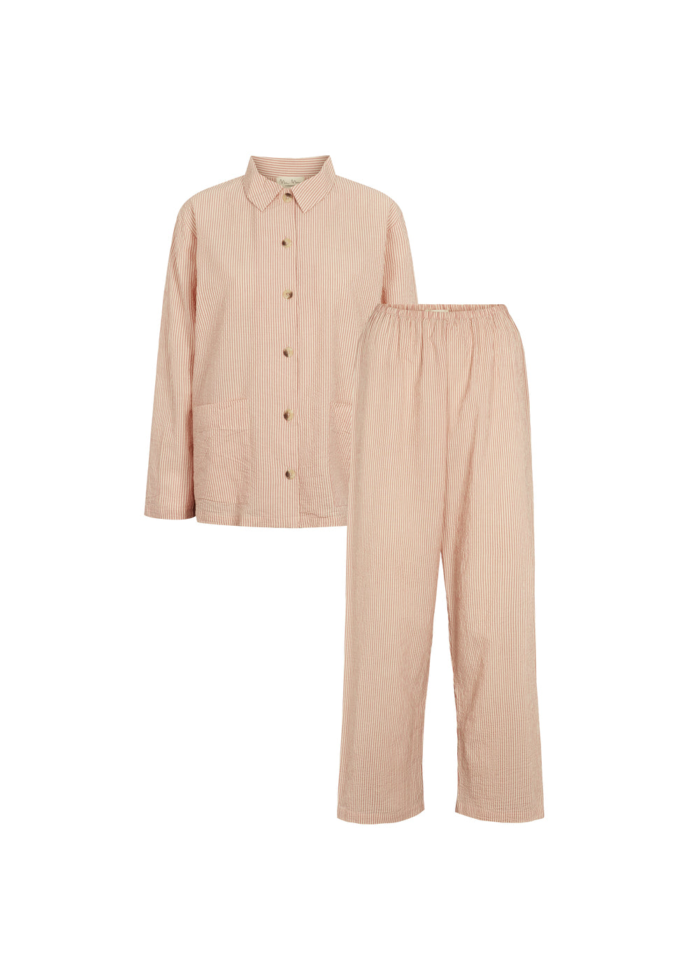 Pyjamasæt i lyserød stribet skjorte med knapper og lange bukser