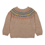Beige uldstrikbluse til børn med farvet mønster ved halsen
