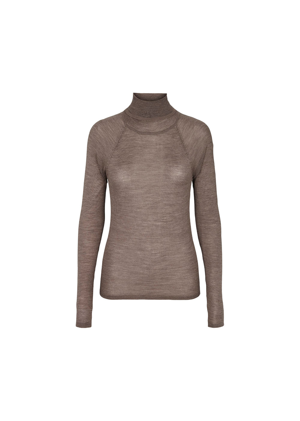 Langærmet bluse i støvet brun med høj hals (turtleneck) og tætsiddende pasform