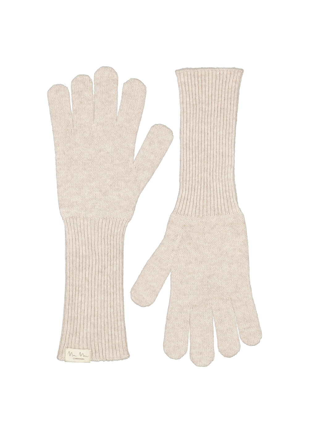 Lange strikkede handsker i lys beige med ribbet manchet og fem fingre