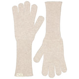 Lange strikkede handsker i lys beige med ribbet manchet og fem fingre