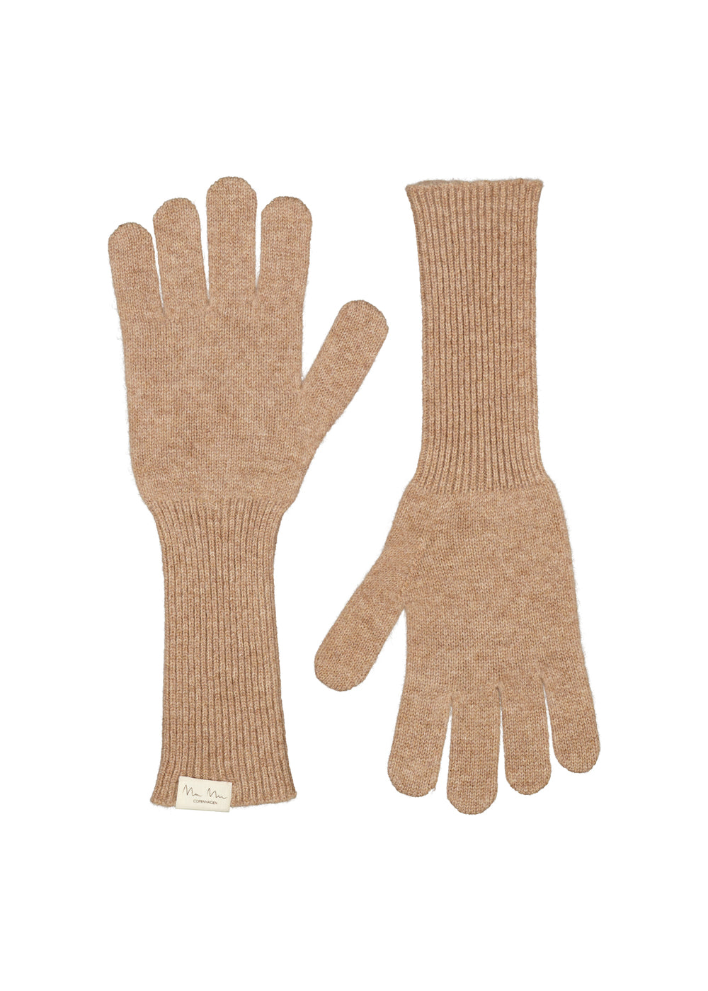 Par lange strikhandsker i lys camel melange med ribbet manchet og femfingersnit.