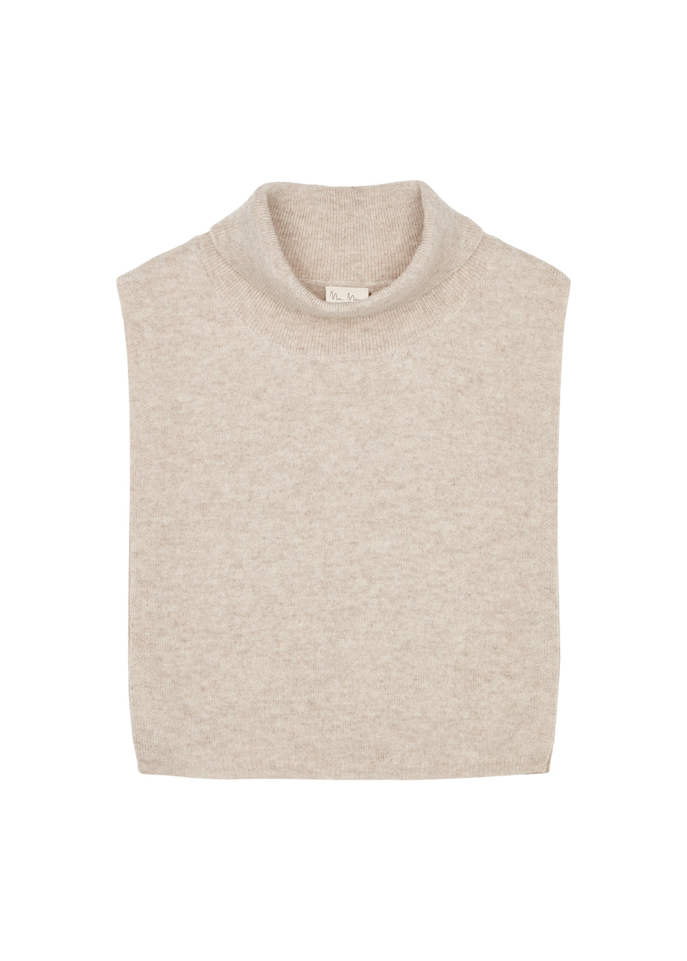 Strikket halsedisse i lyse beige med høj rullekrave og åben top.