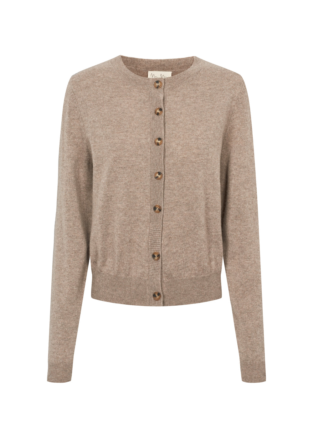 Beige strikket cardigan med knaplukning foran, rund hals og lange ærmer