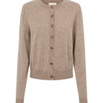 Beige strikket cardigan med knaplukning foran, rund hals og lange ærmer