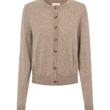 Beige strikket cardigan med knaplukning foran, rund hals og lange ærmer