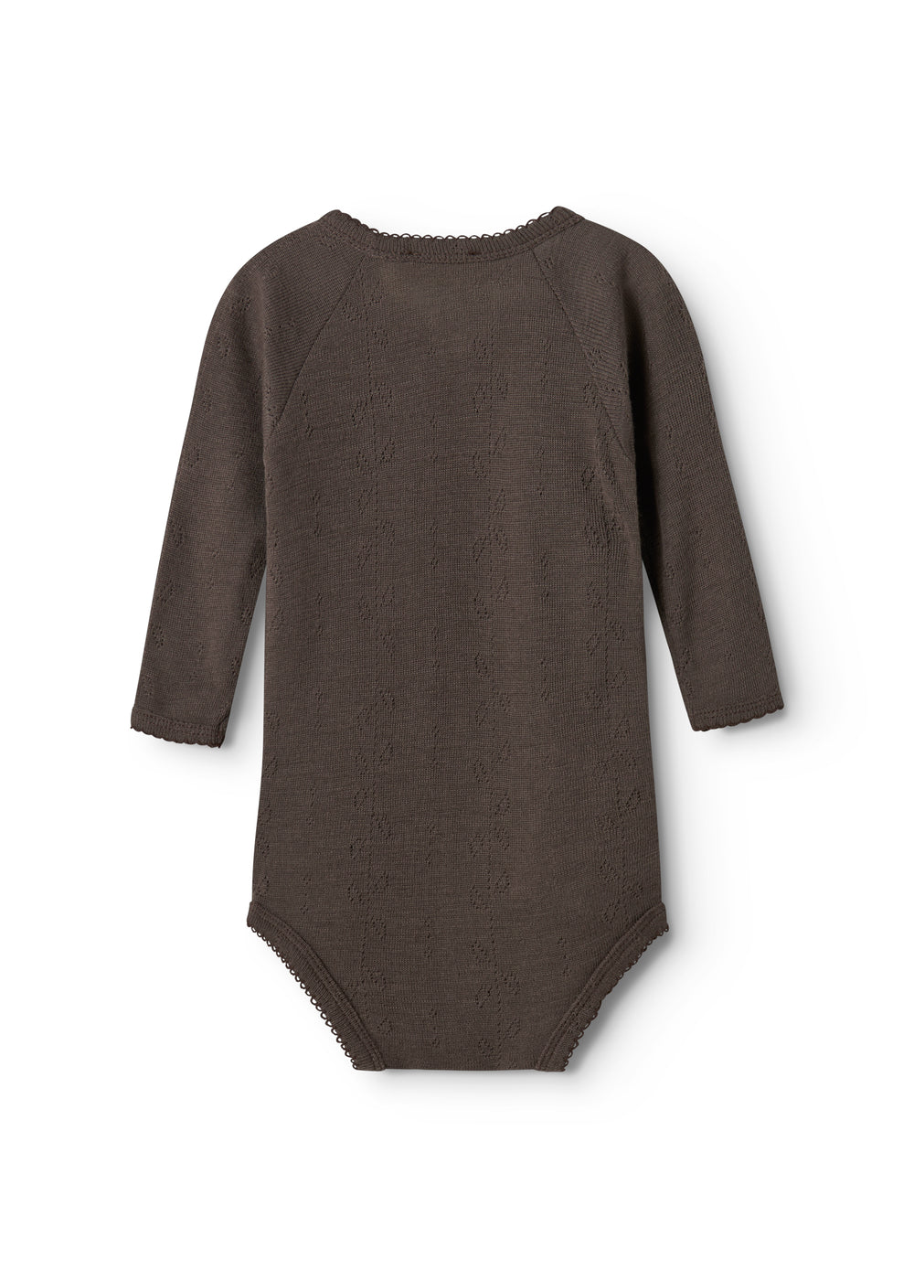 Uld pointelle bodystocking i mørk brun med lange ærmer og hel ryg