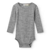 Uld pointelle-bodystocking i grå melange med lange ærmer og knaplukning i skridt