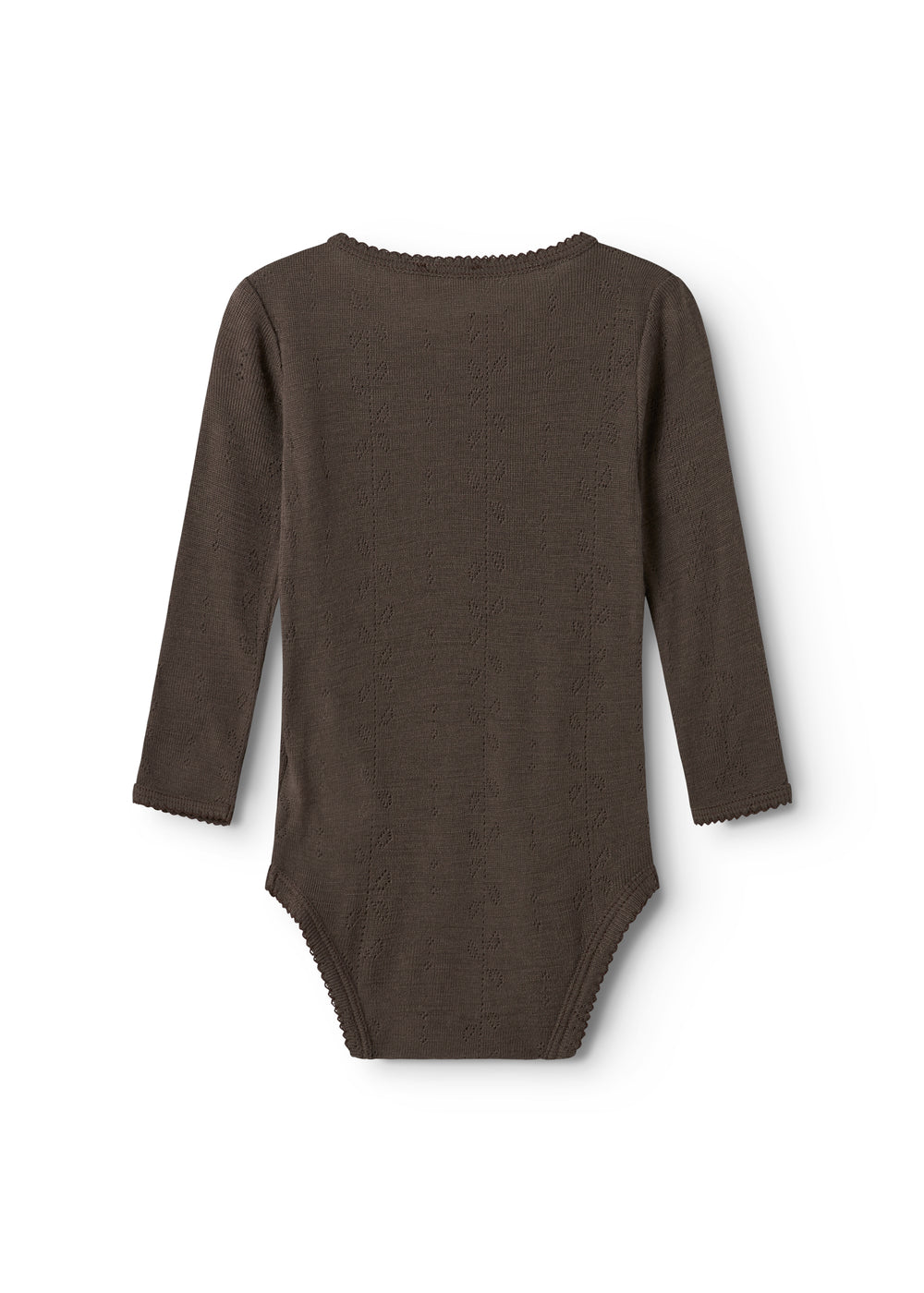 Uld bodystocking i brun med lange ærmer og rund hals med bølget kant