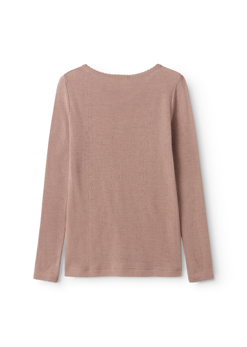 Ryg på rosa uld T-shirt med rund hals og lange ærmer i pointelle-strik.