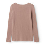 Ryg på rosa uld T-shirt med rund hals og lange ærmer i pointelle-strik.