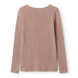 Ryg på rosa uld T-shirt med rund hals og lange ærmer i pointelle-strik.