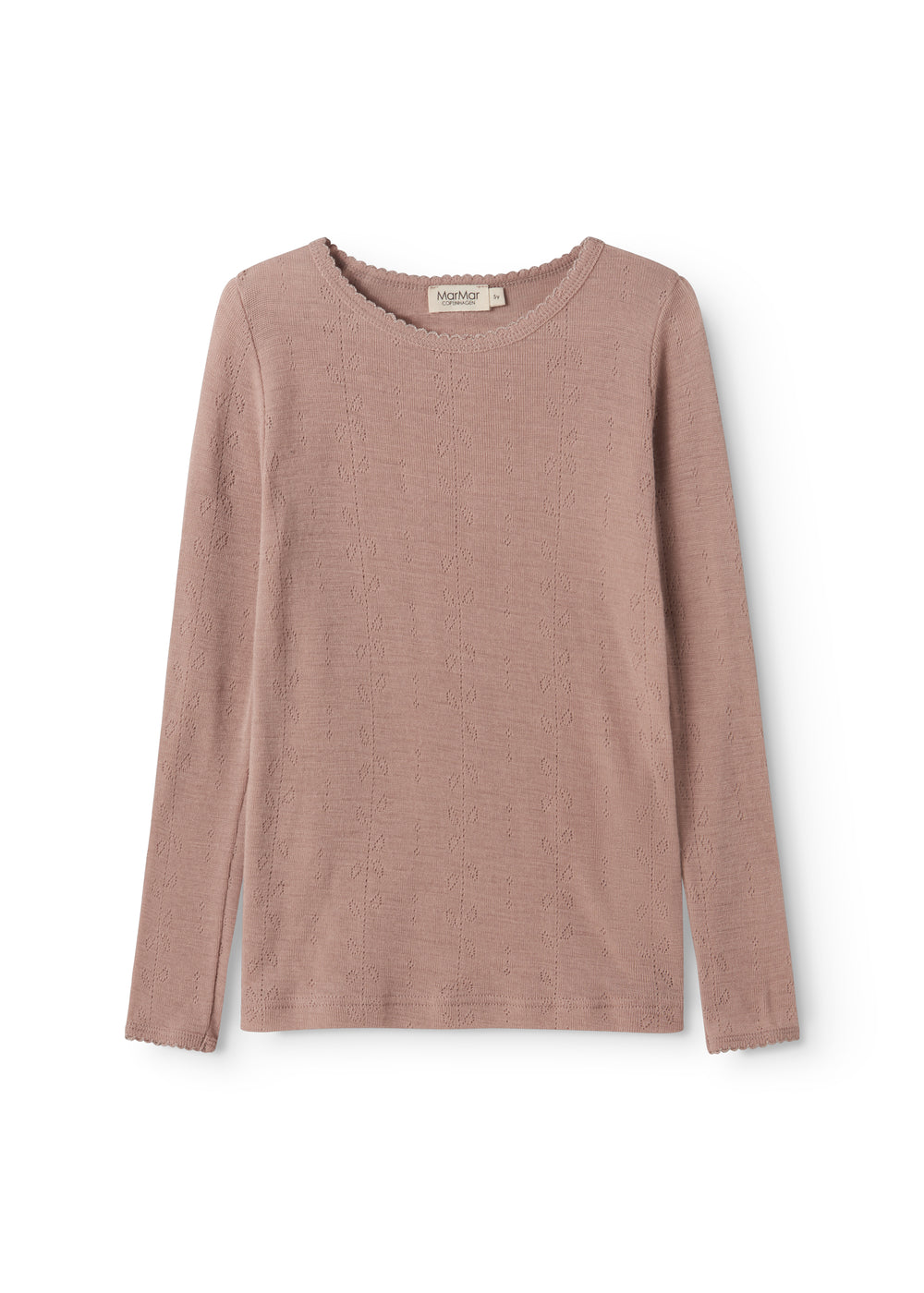Rosa uld T-shirt med rund hals og lange ærmer i pointelle-strik.