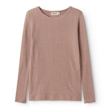 Rosa uld T-shirt med rund hals og lange ærmer i pointelle-strik.