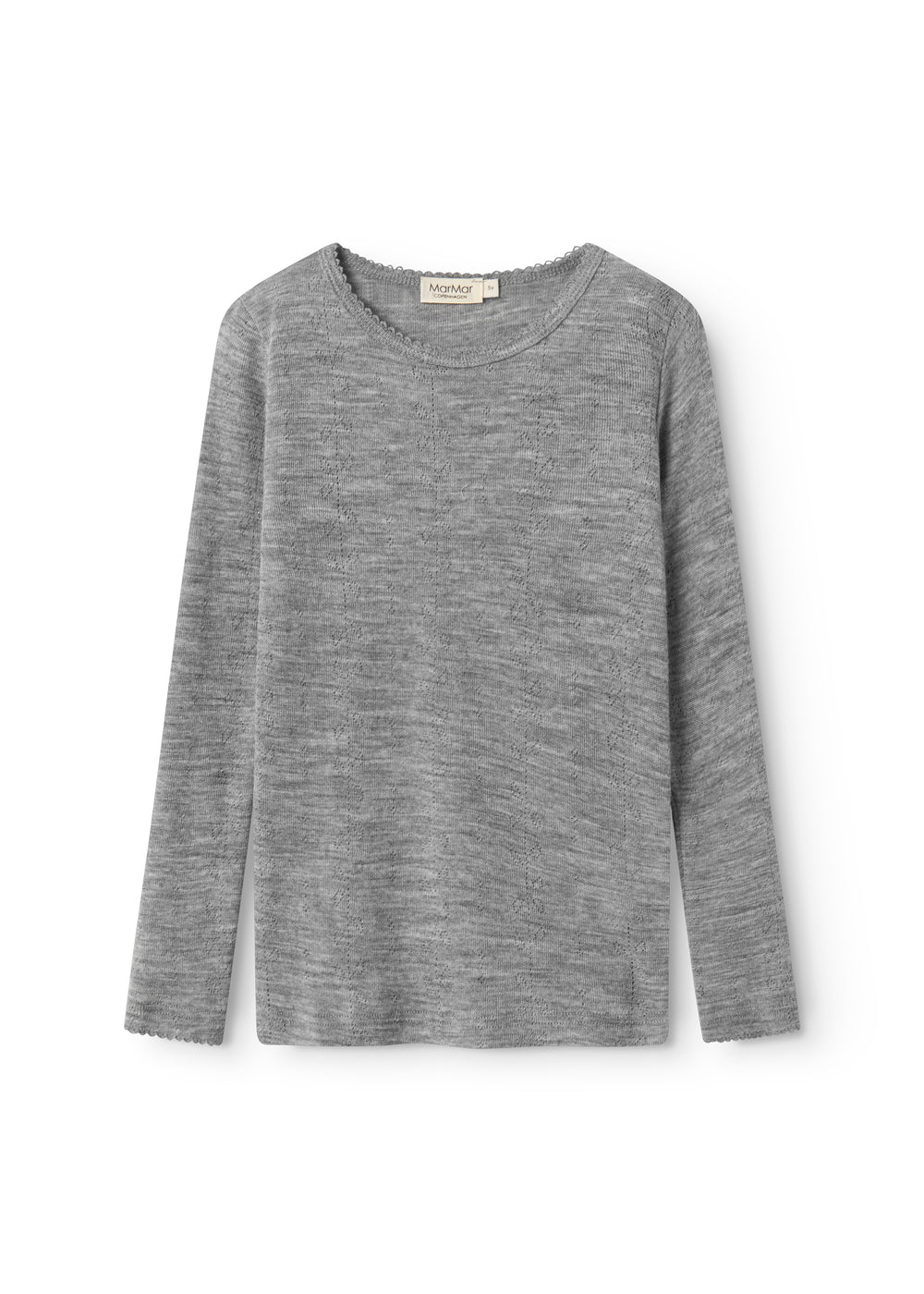 Uld pointelle t-shirt i grå meleret med rund hals og lange ærmer