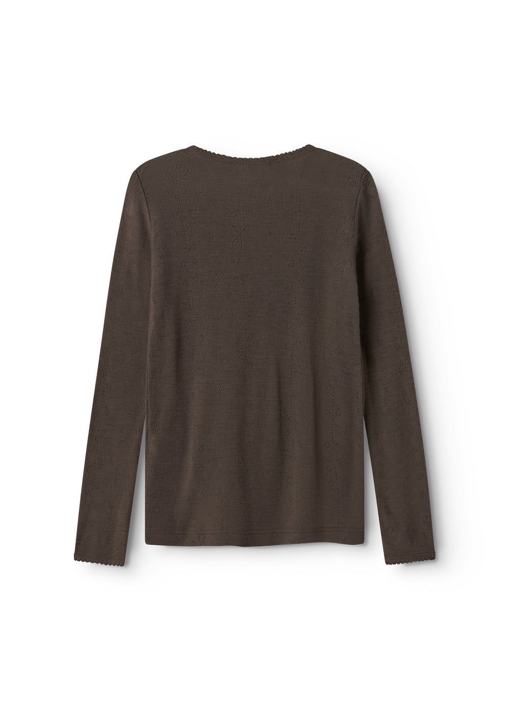 Uld pointelle langærmet T-shirt i mørk brun, set bagfra