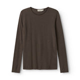 Uld pointelle langærmet T-shirt i mørk brun med rund hals