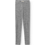 Gråmelerede uld leggings fladt udlagt, tætsiddende ben og elastisk linning.