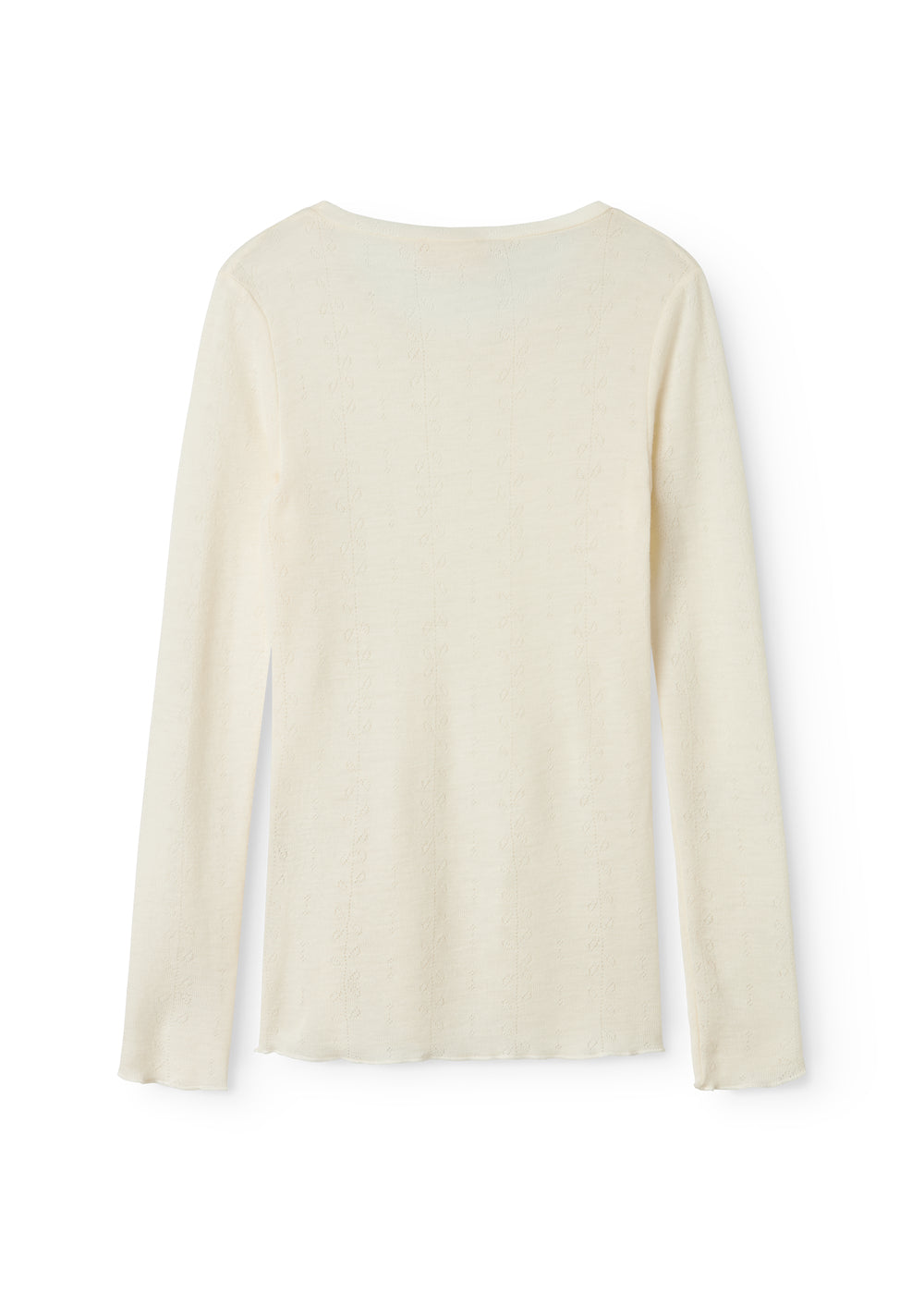 Uld pointelle T-shirt i naturfarve med rund hals, set bagfra, lange ærmer