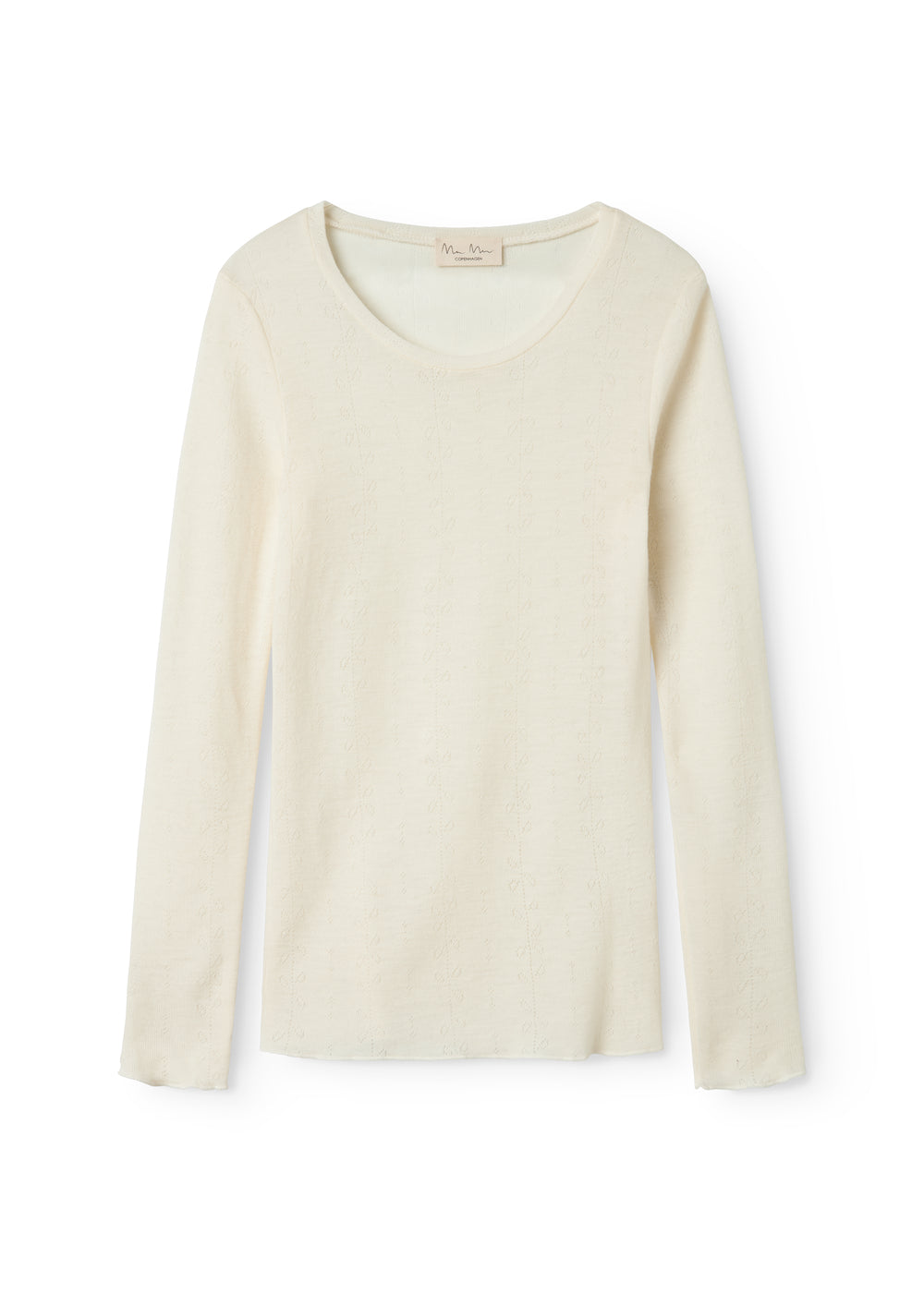 Uld pointelle T-shirt i naturfarve med rund hals og lange ærmer