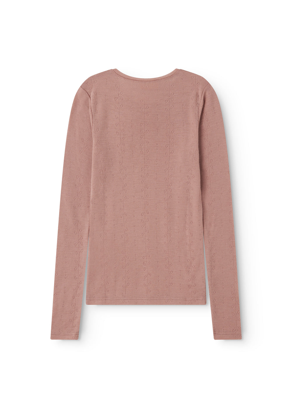 Langærmet uld-pointelle t-shirt i rosenrosa med rund hals og ensartet hulmønster