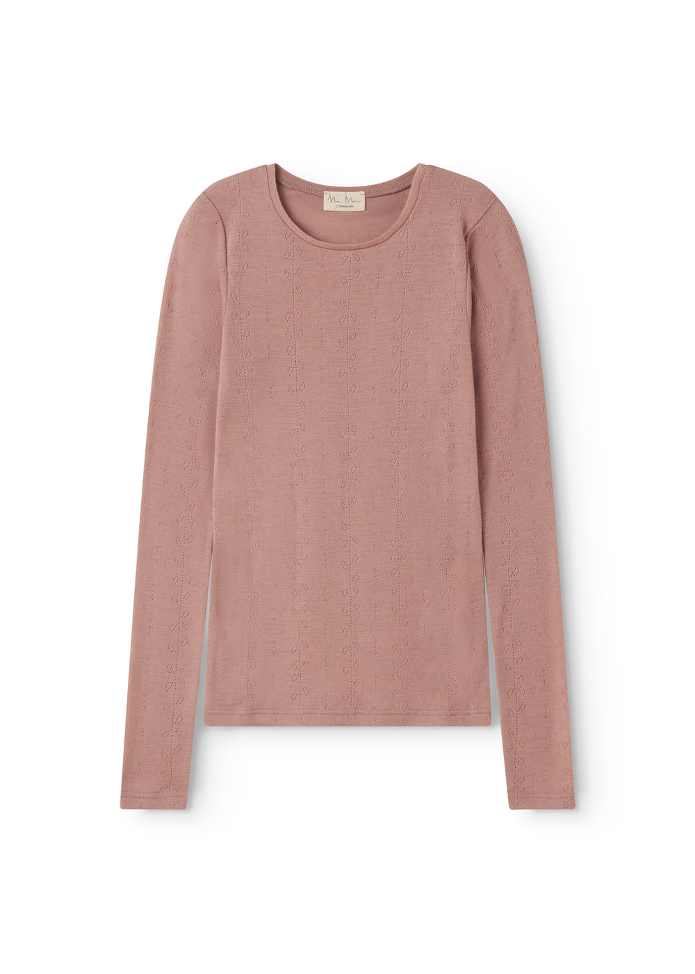 Langærmet uld-pointelle t-shirt i rosenrosa med rund hals og ensartet hulmønster