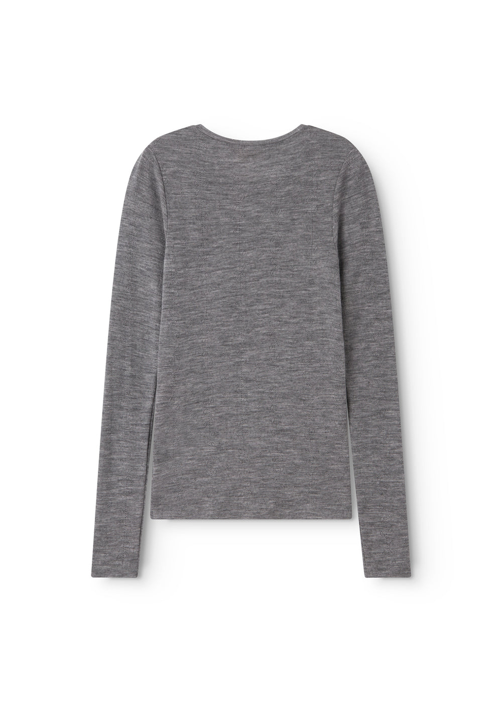 Langærmet T-shirt i gråmeleret uldstrik med rund hals, set bagfra