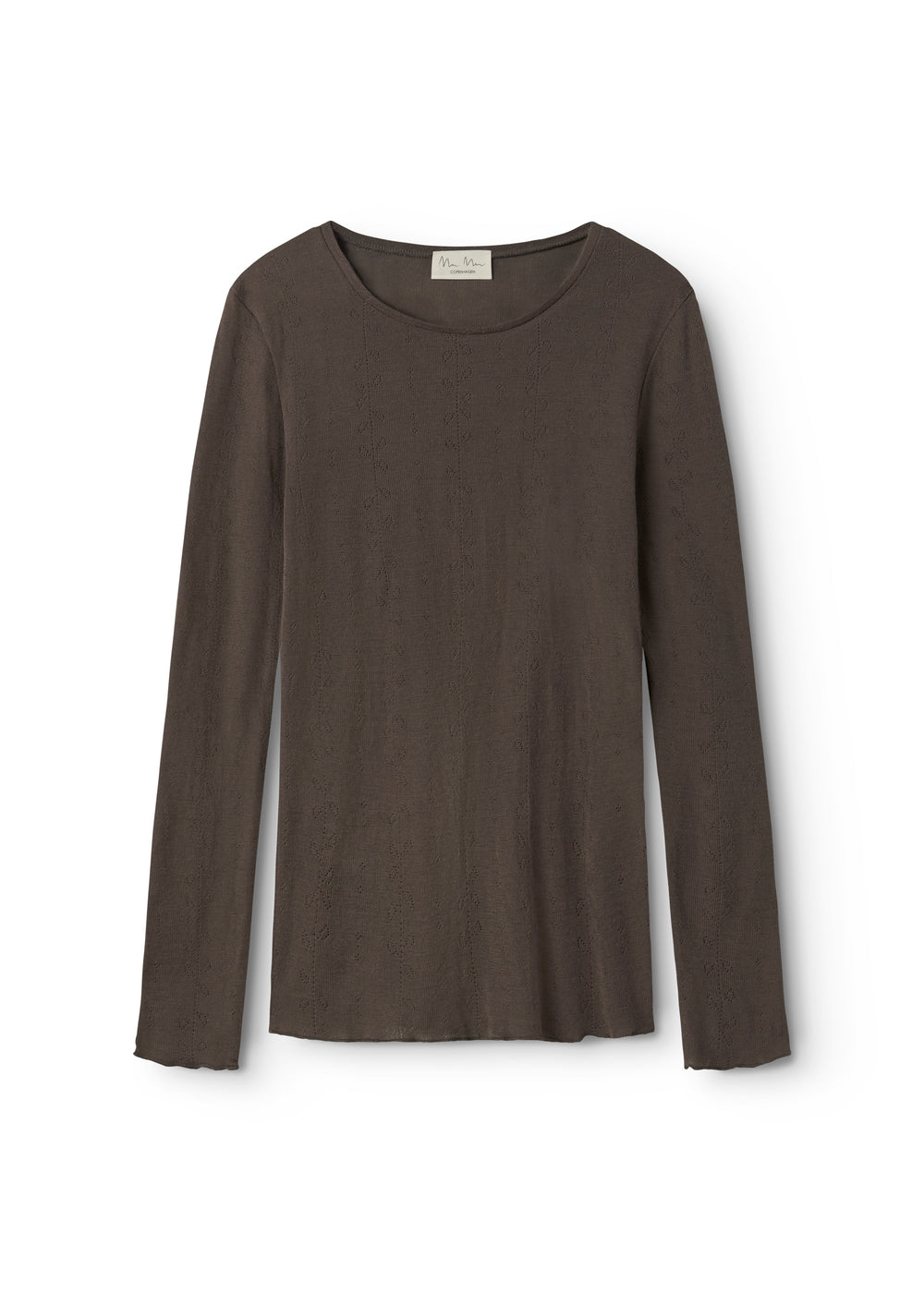 Brun uld pointelle T-shirt med lange ærmer og rund hals